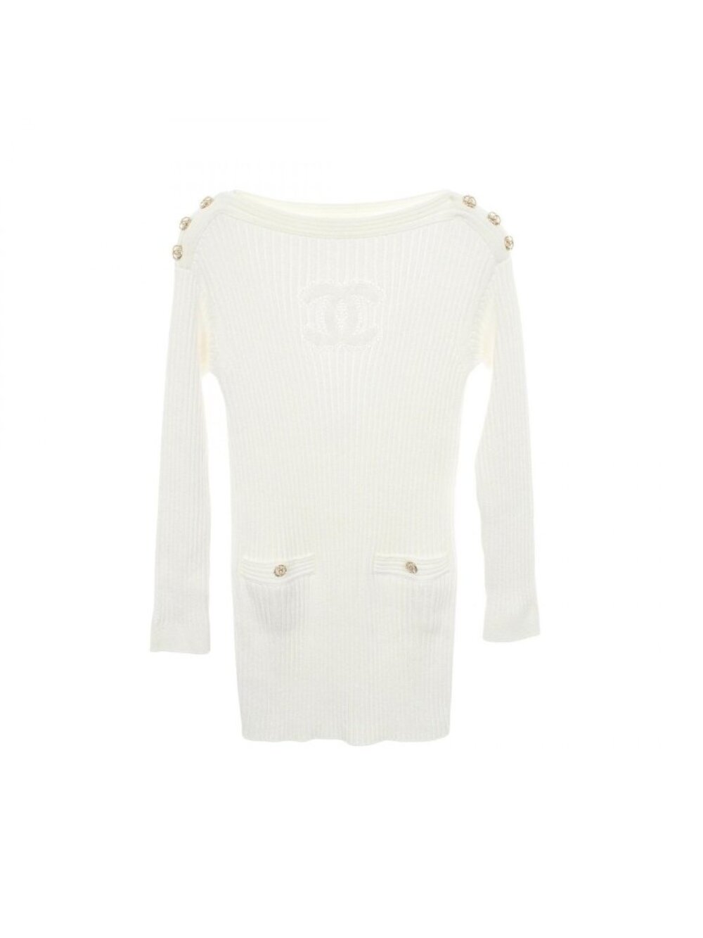 Chanel Dress CC Logo Shoulder Button Boat Neck Rib Cotton